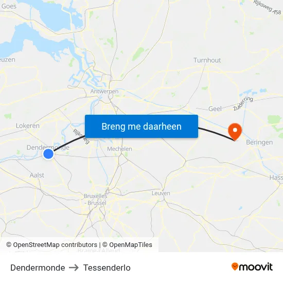 Dendermonde to Tessenderlo map