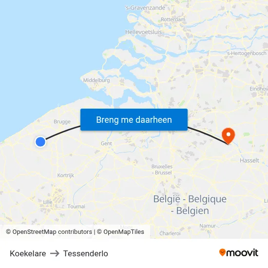 Koekelare to Tessenderlo map