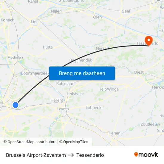 Brussels Airport-Zaventem to Tessenderlo map