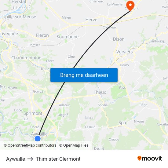 Aywaille to Thimister-Clermont map