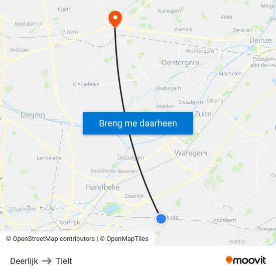 Deerlijk to Tielt map