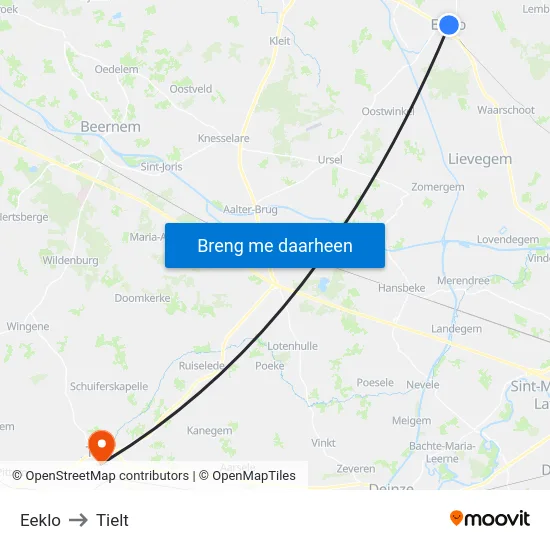 Eeklo to Tielt map