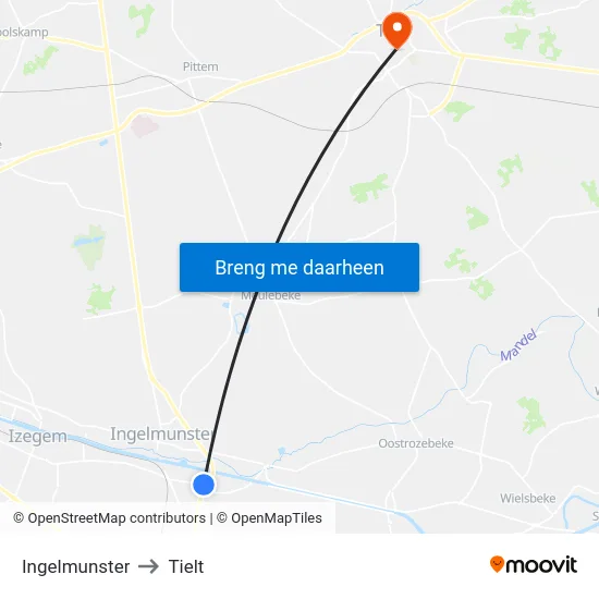 Ingelmunster to Tielt map