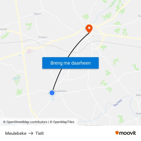 Meulebeke to Tielt map