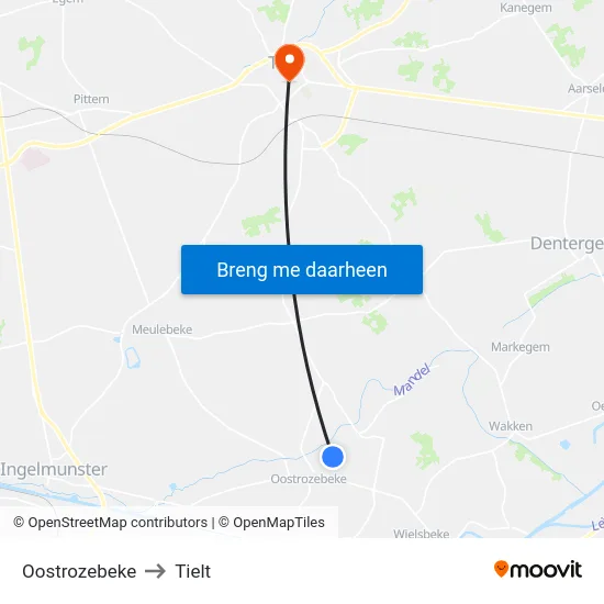 Oostrozebeke to Tielt map