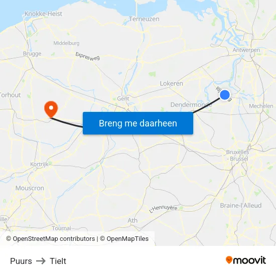 Puurs to Tielt map