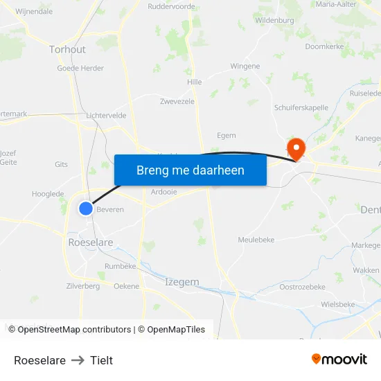 Roeselare to Tielt map