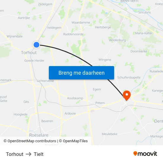 Torhout to Tielt map