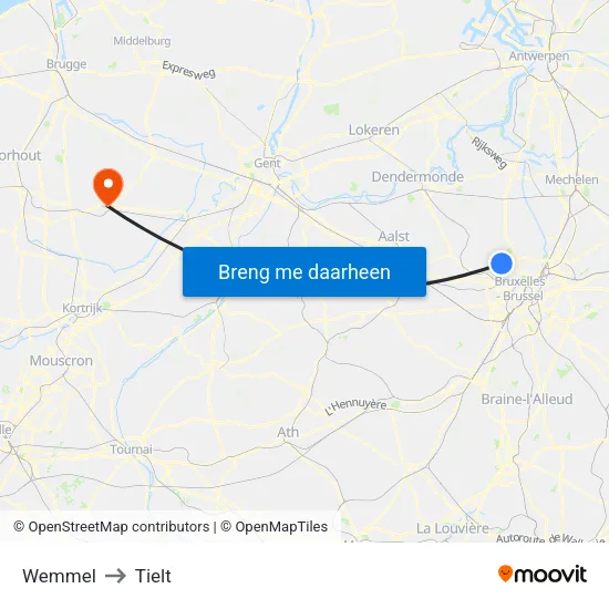 Wemmel to Tielt map