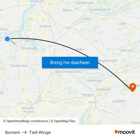 Bornem to Tielt-Winge map