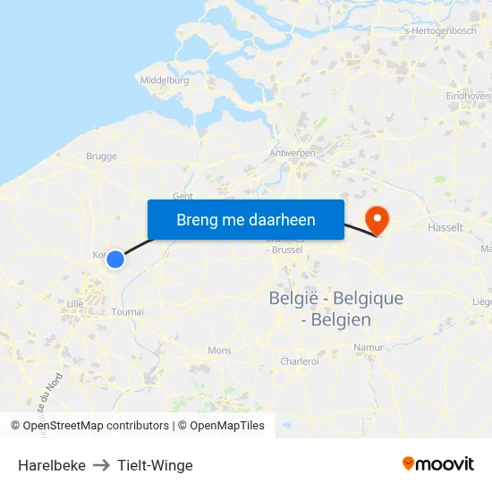Harelbeke to Tielt-Winge map