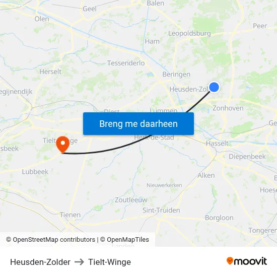 Heusden-Zolder to Tielt-Winge map