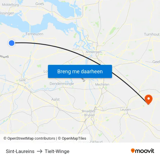 Sint-Laureins to Tielt-Winge map