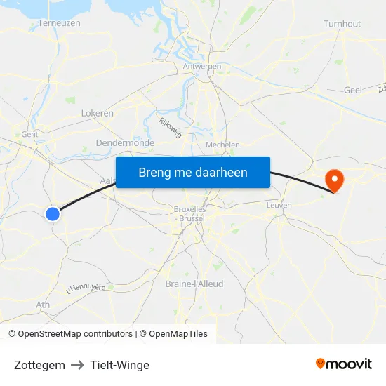 Zottegem to Tielt-Winge map