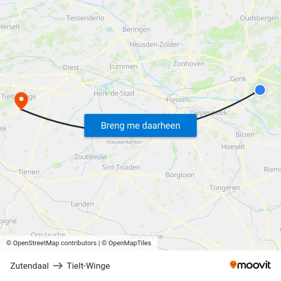 Zutendaal to Tielt-Winge map