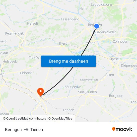 Beringen to Tienen map