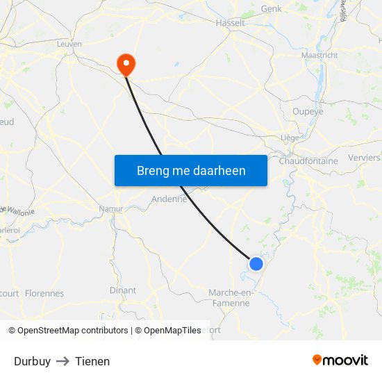 Durbuy to Tienen map