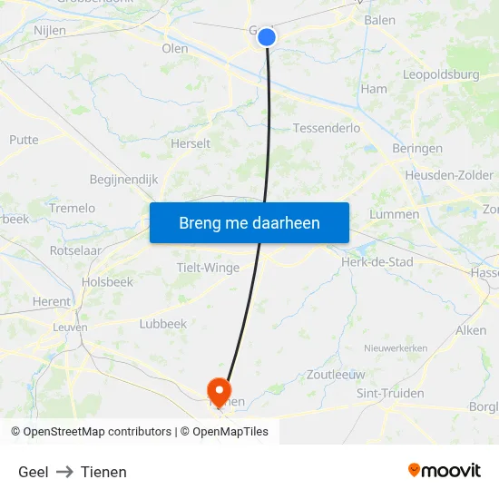 Geel to Tienen map