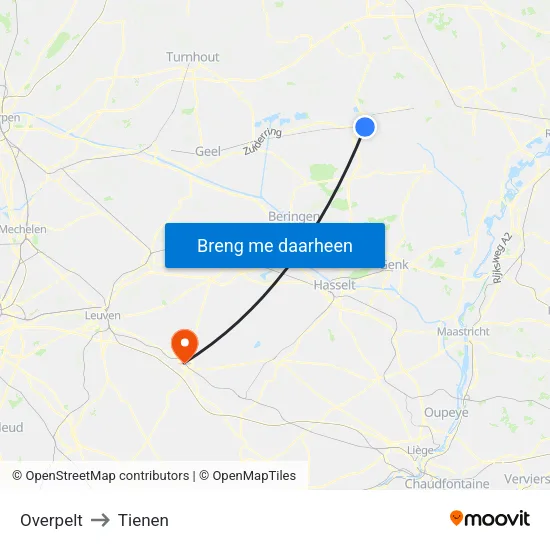 Overpelt to Tienen map
