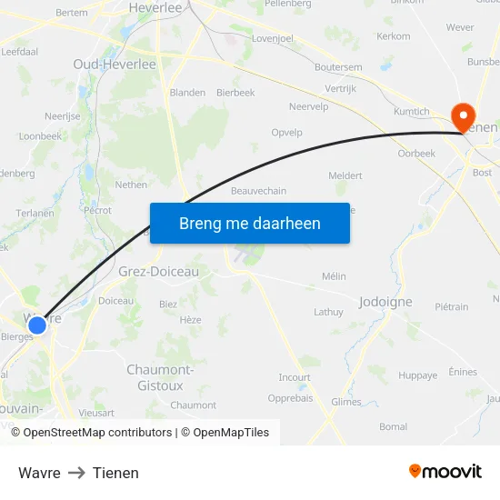 Wavre to Tienen map