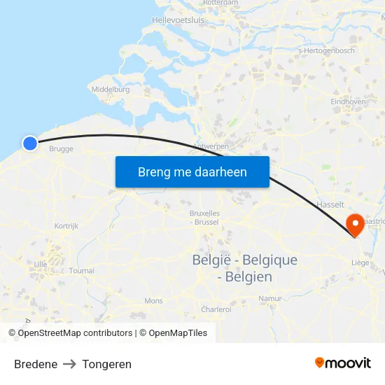 Bredene to Tongeren map