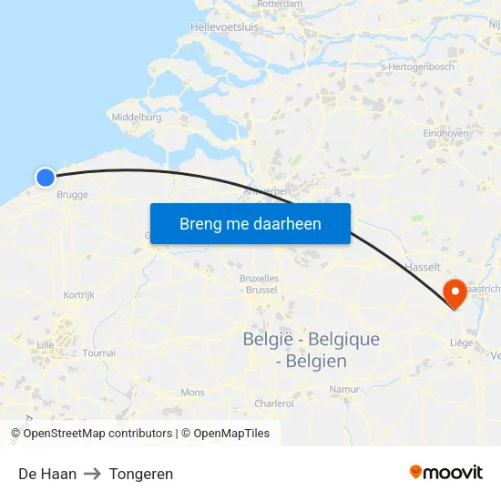 De Haan to Tongeren map