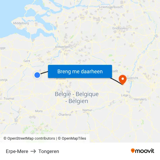 Erpe-Mere to Tongeren map