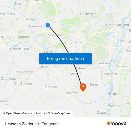 Heusden-Zolder to Tongeren map