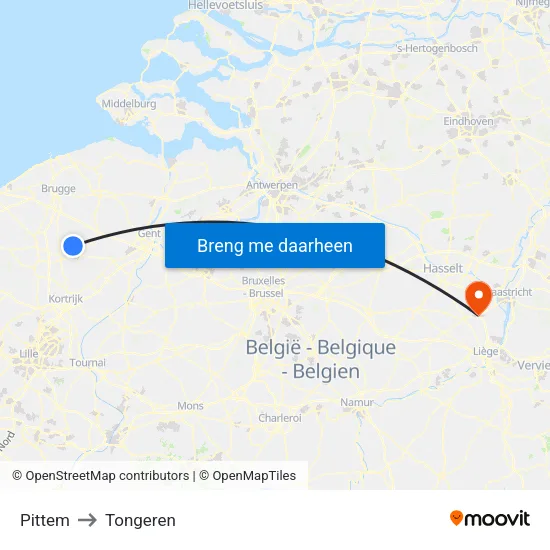 Pittem to Tongeren map