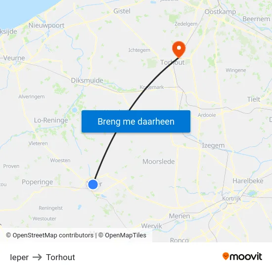 Ieper to Torhout map