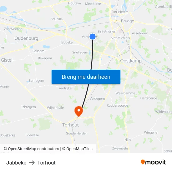 Jabbeke to Torhout map
