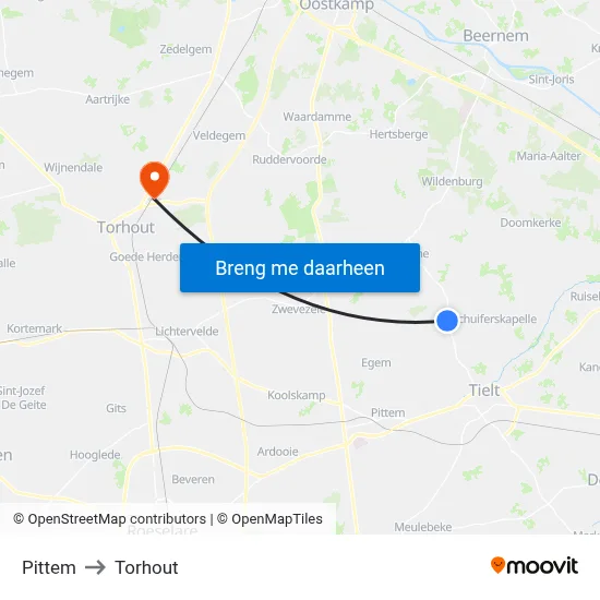 Pittem to Torhout map