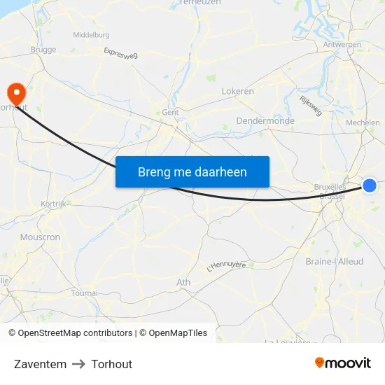 Zaventem to Torhout map