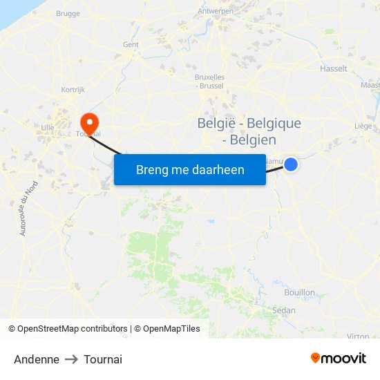 Andenne to Tournai map