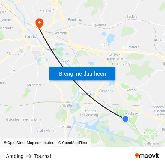 Antoing to Tournai map