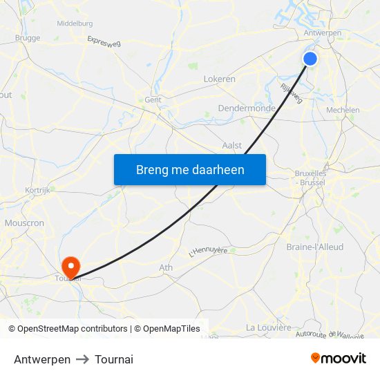 Antwerpen to Tournai map