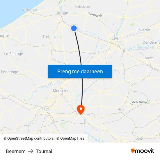 Beernem to Tournai map