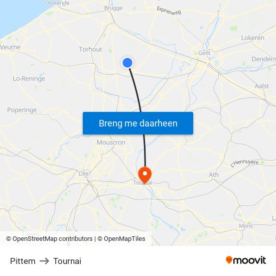 Pittem to Tournai map