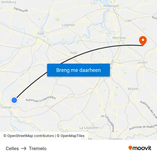 Celles to Tremelo map