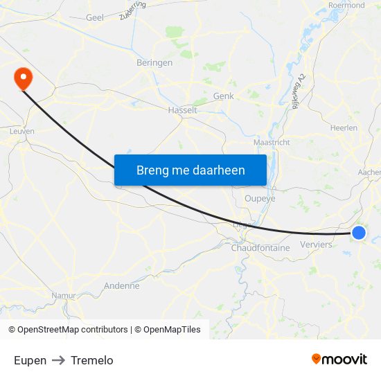 Eupen to Tremelo map