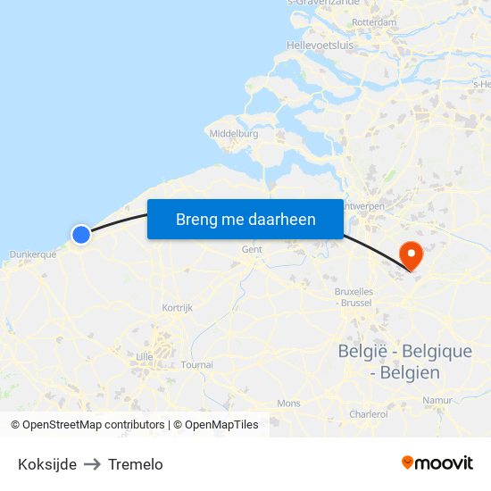 Koksijde to Tremelo map