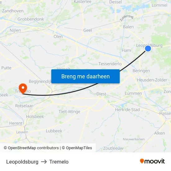 Leopoldsburg to Tremelo map