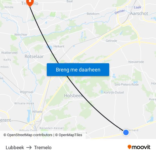 Lubbeek to Tremelo map