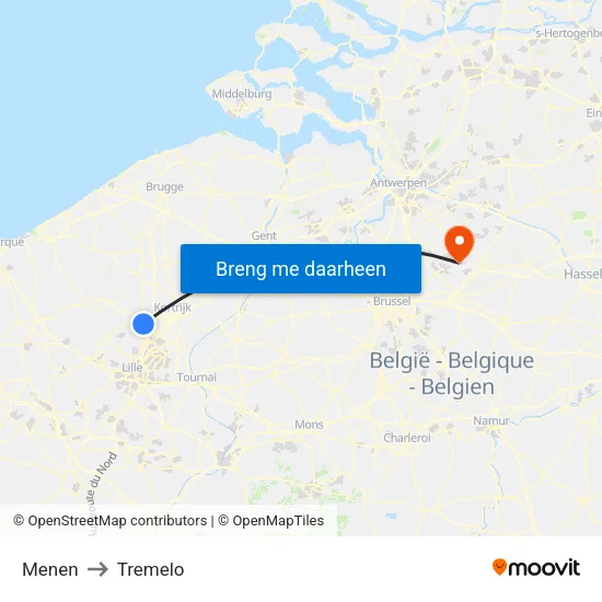 Menen to Tremelo map