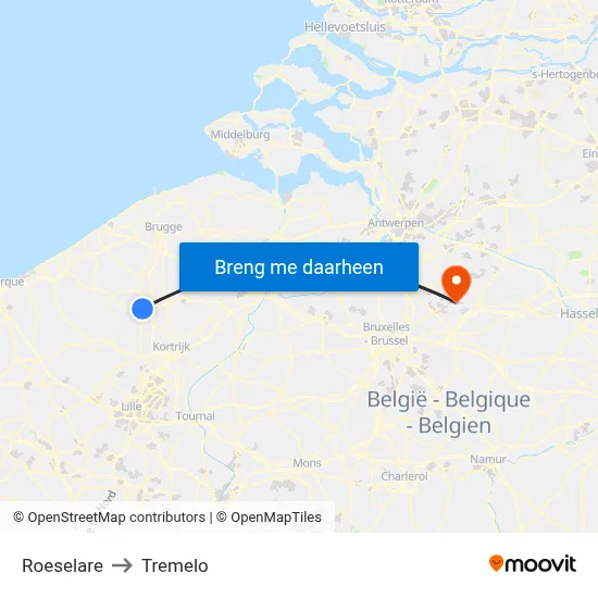 Roeselare to Tremelo map