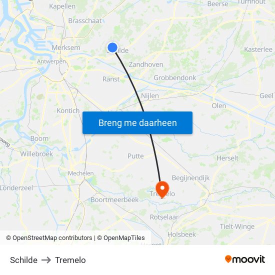 Schilde to Tremelo map