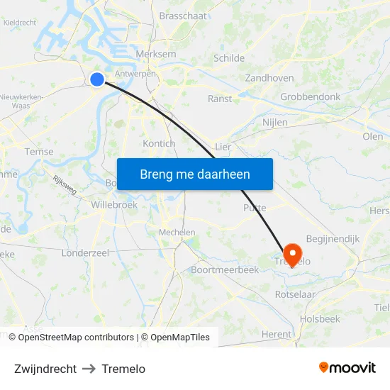 Zwijndrecht to Tremelo map