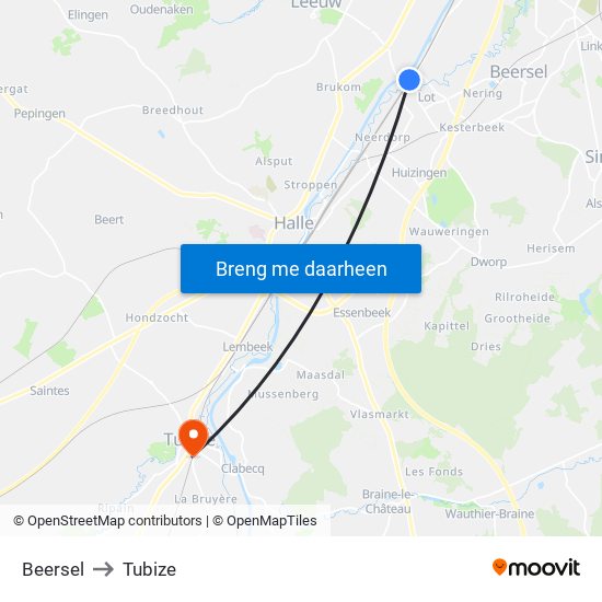 Beersel to Tubize map