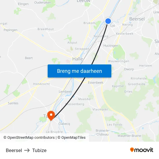 Beersel to Tubize map