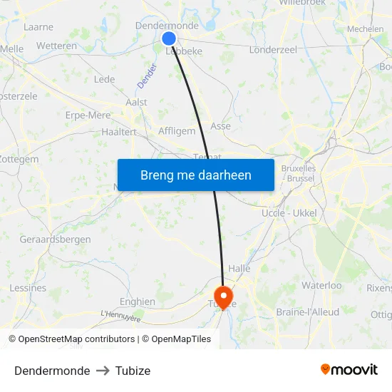 Dendermonde to Tubize map